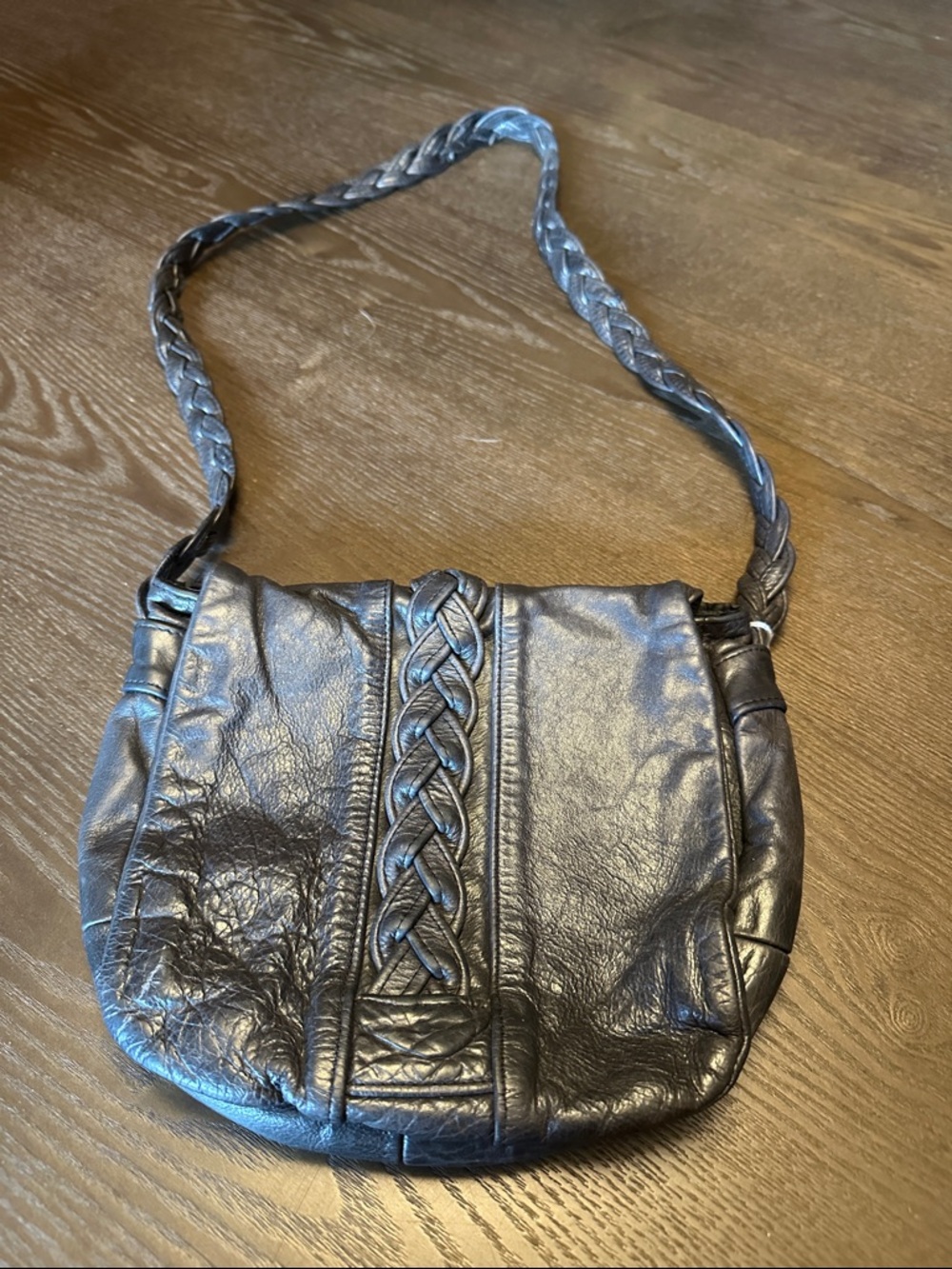 Black Braided genuine Leather Shoulder Bag - Women's crossbody Bag. 10” x 8”